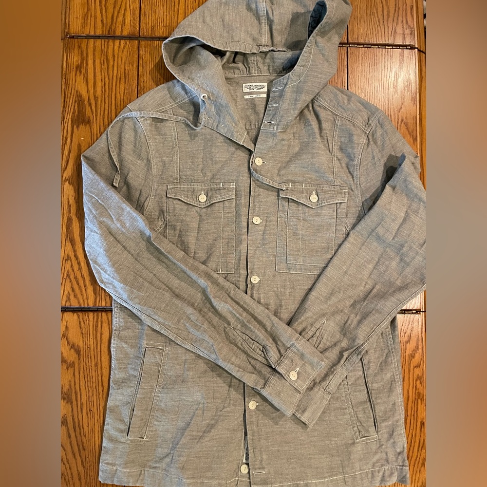 EUC All Saints Spitalfields button down jacket/shirt large, grey/white stripe
